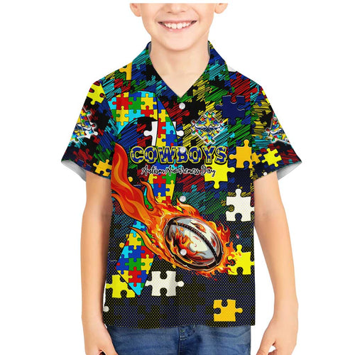 Cowboys Autism Awareness Family Matching Mermaid Dress and Hawaiian Shirt Puzzle Flames Rugby Ball