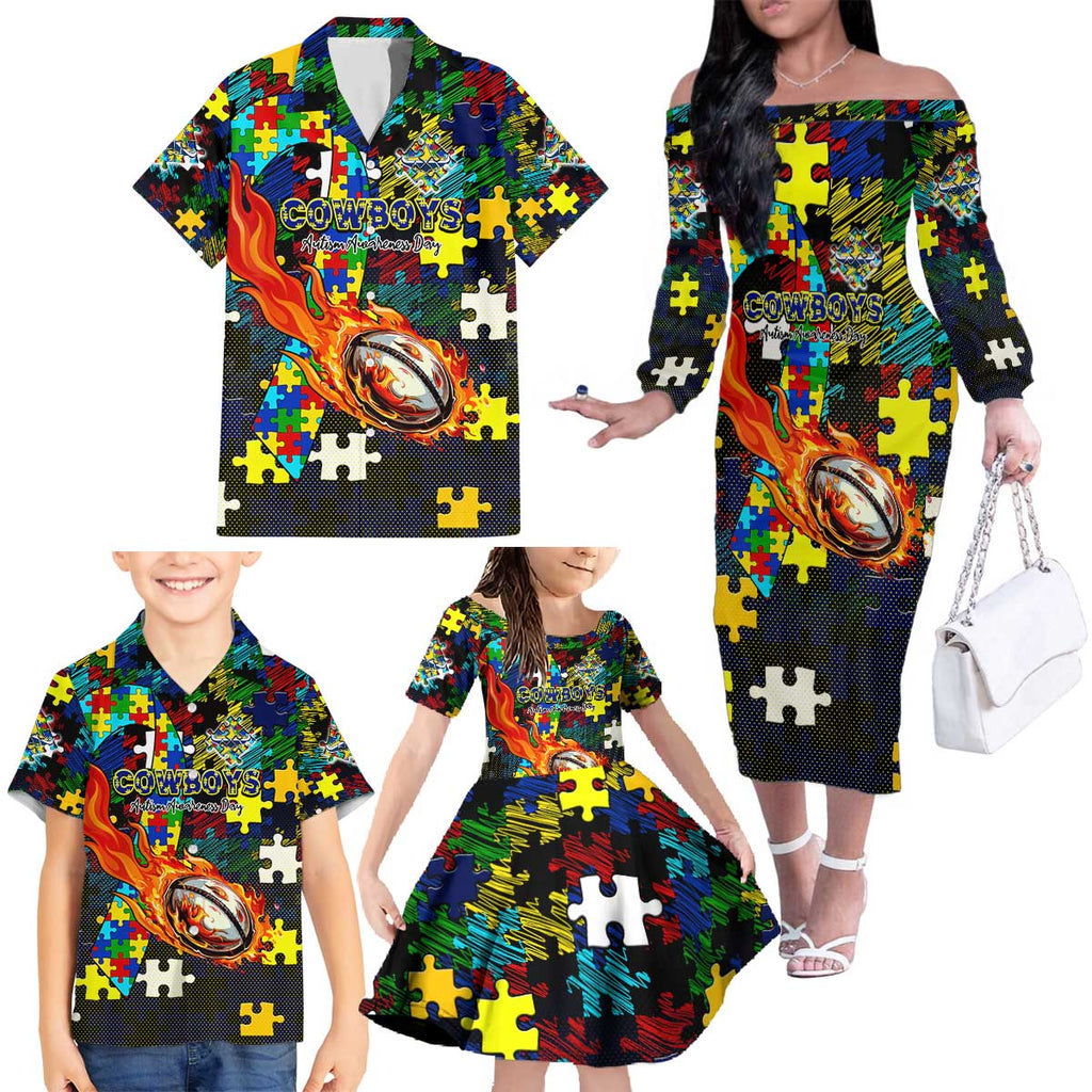Cowboys Autism Awareness Family Matching Off The Shoulder Long Sleeve Dress and Hawaiian Shirt Puzzle Flames Rugby Ball