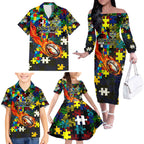 Cowboys Autism Awareness Family Matching Off The Shoulder Long Sleeve Dress and Hawaiian Shirt Puzzle Flames Rugby Ball