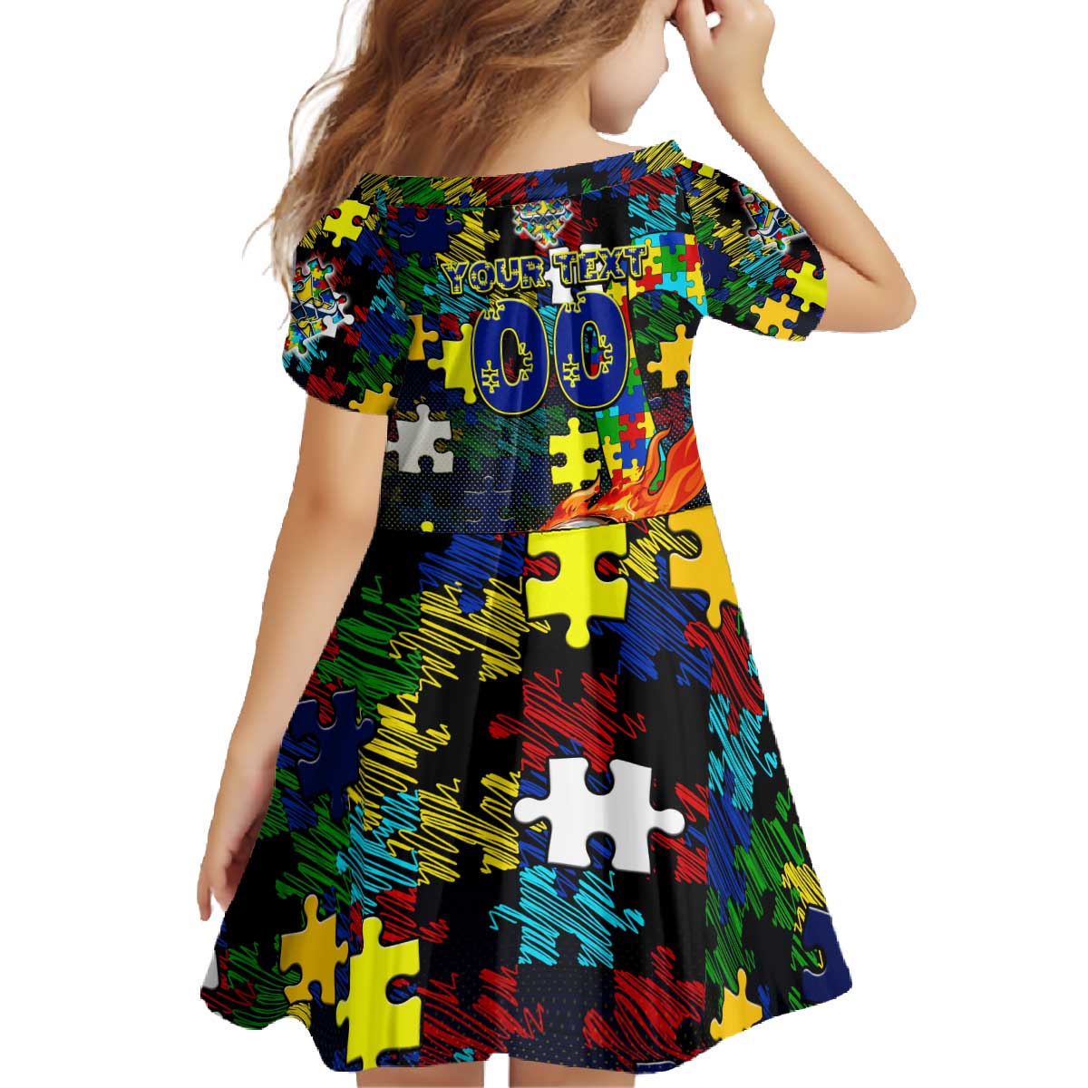 Cowboys Autism Awareness Family Matching Off The Shoulder Long Sleeve Dress and Hawaiian Shirt Puzzle Flames Rugby Ball