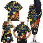 Cowboys Autism Awareness Family Matching Off The Shoulder Long Sleeve Dress and Hawaiian Shirt Puzzle Flames Rugby Ball