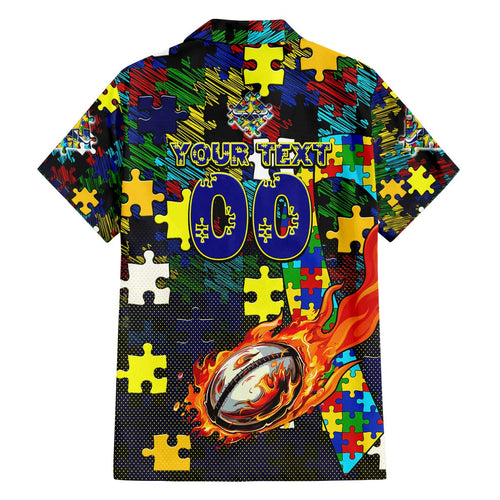 Cowboys Autism Awareness Family Matching Off The Shoulder Long Sleeve Dress and Hawaiian Shirt Puzzle Flames Rugby Ball