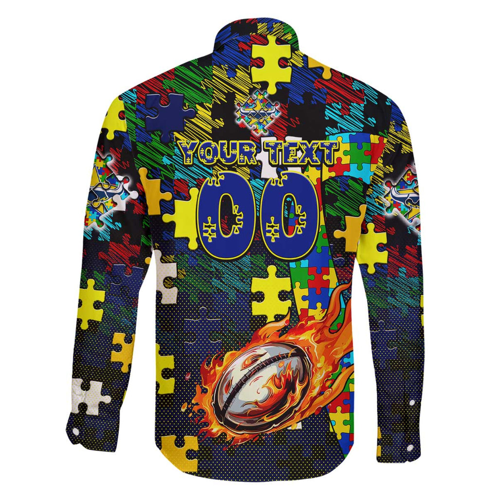Cowboys Autism Awareness Family Matching Off The Shoulder Long Sleeve Dress and Hawaiian Shirt Puzzle Flames Rugby Ball