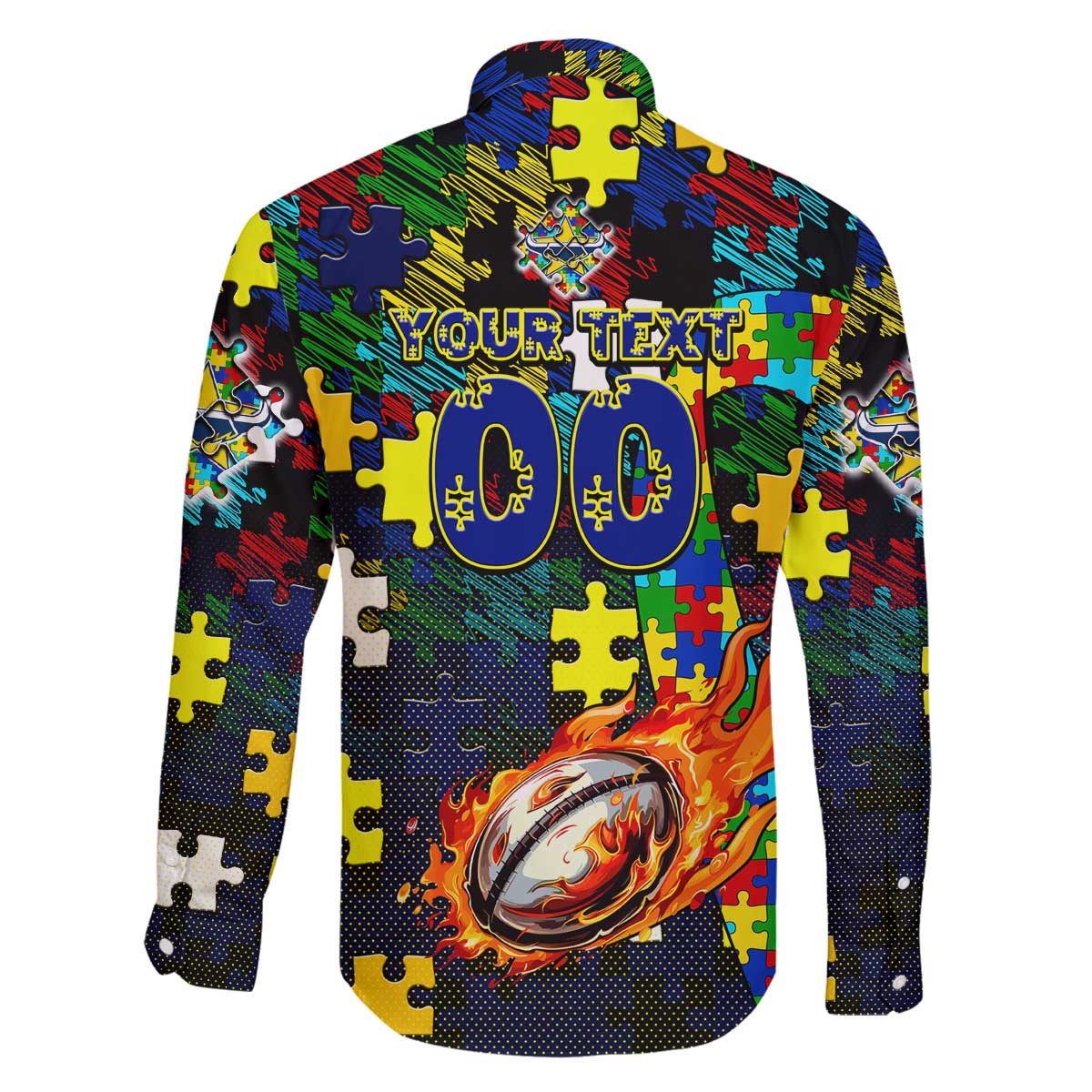 Cowboys Autism Awareness Family Matching Off The Shoulder Long Sleeve Dress and Hawaiian Shirt Puzzle Flames Rugby Ball
