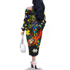 Cowboys Autism Awareness Family Matching Off The Shoulder Long Sleeve Dress and Hawaiian Shirt Puzzle Flames Rugby Ball