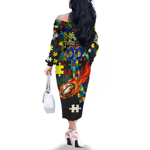 Cowboys Autism Awareness Family Matching Off The Shoulder Long Sleeve Dress and Hawaiian Shirt Puzzle Flames Rugby Ball