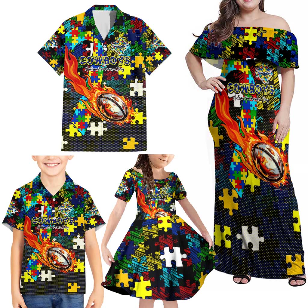 Cowboys Autism Awareness Family Matching Off Shoulder Maxi Dress and Hawaiian Shirt Puzzle Flames Rugby Ball
