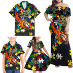 Cowboys Autism Awareness Family Matching Off Shoulder Maxi Dress and Hawaiian Shirt Puzzle Flames Rugby Ball