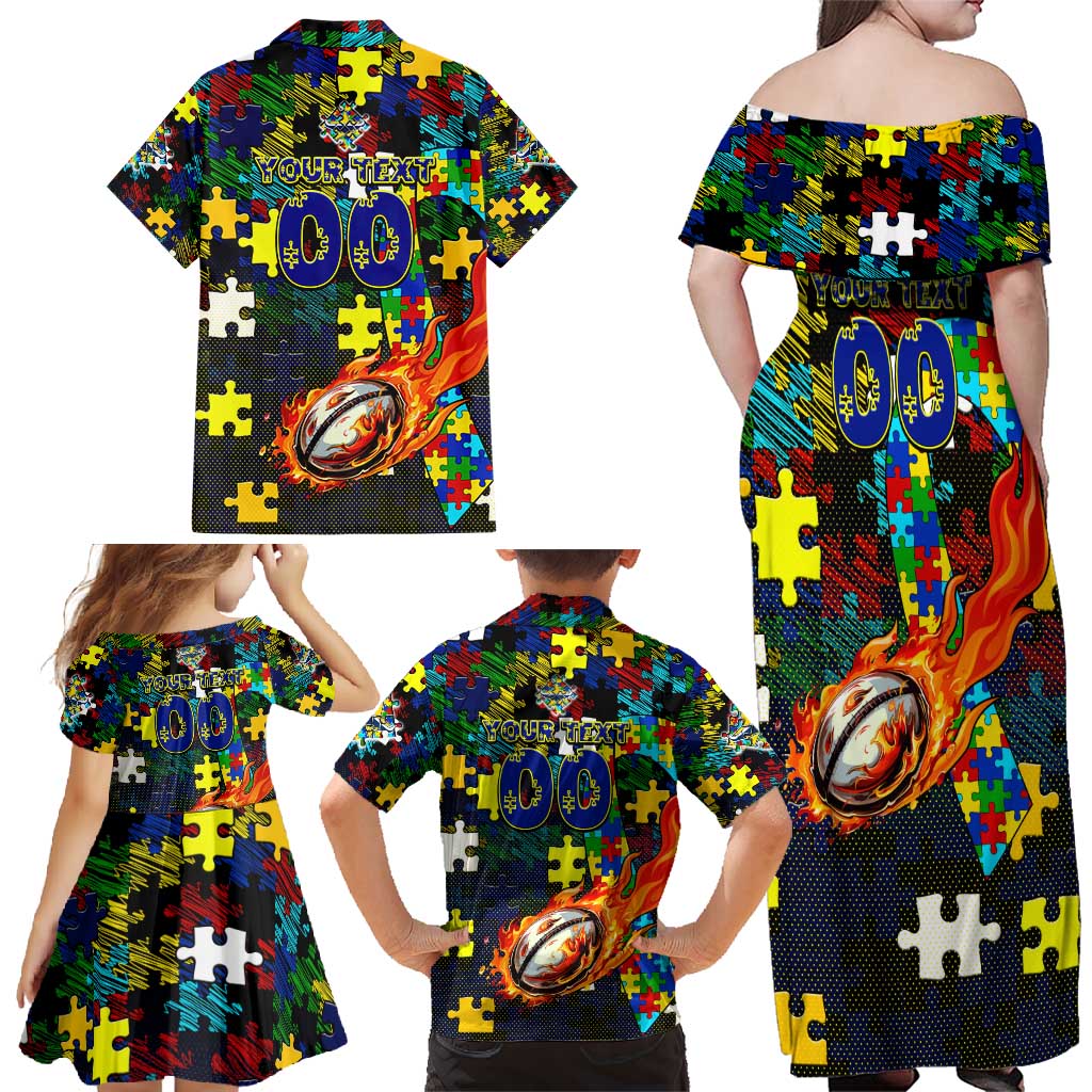 Cowboys Autism Awareness Family Matching Off Shoulder Maxi Dress and Hawaiian Shirt Puzzle Flames Rugby Ball