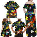 Cowboys Autism Awareness Family Matching Off Shoulder Maxi Dress and Hawaiian Shirt Puzzle Flames Rugby Ball