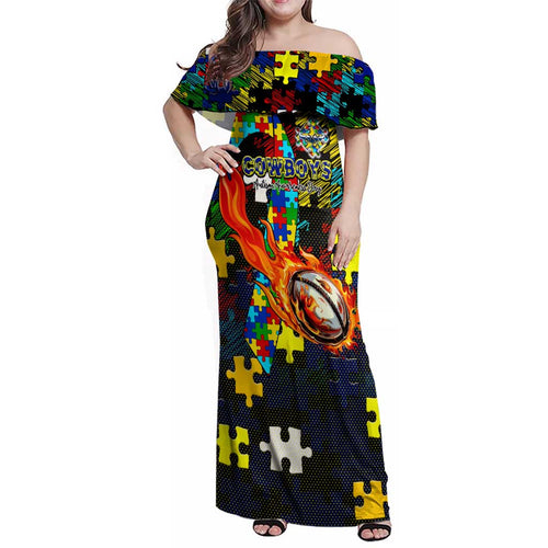 Cowboys Autism Awareness Family Matching Off Shoulder Maxi Dress and Hawaiian Shirt Puzzle Flames Rugby Ball