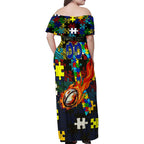 Cowboys Autism Awareness Family Matching Off Shoulder Maxi Dress and Hawaiian Shirt Puzzle Flames Rugby Ball