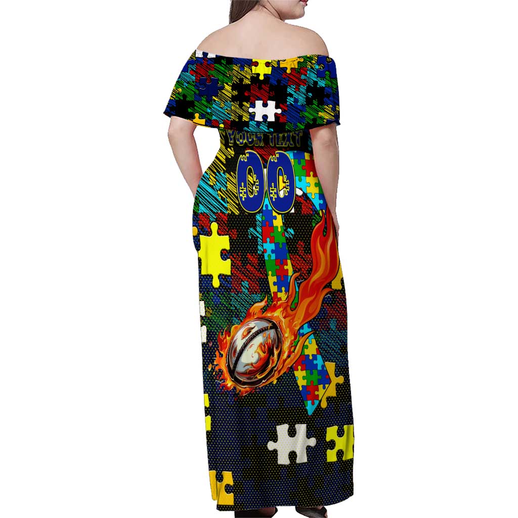 Cowboys Autism Awareness Family Matching Off Shoulder Maxi Dress and Hawaiian Shirt Puzzle Flames Rugby Ball