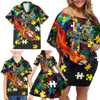Cowboys Autism Awareness Family Matching Off Shoulder Short Dress and Hawaiian Shirt Puzzle Flames Rugby Ball