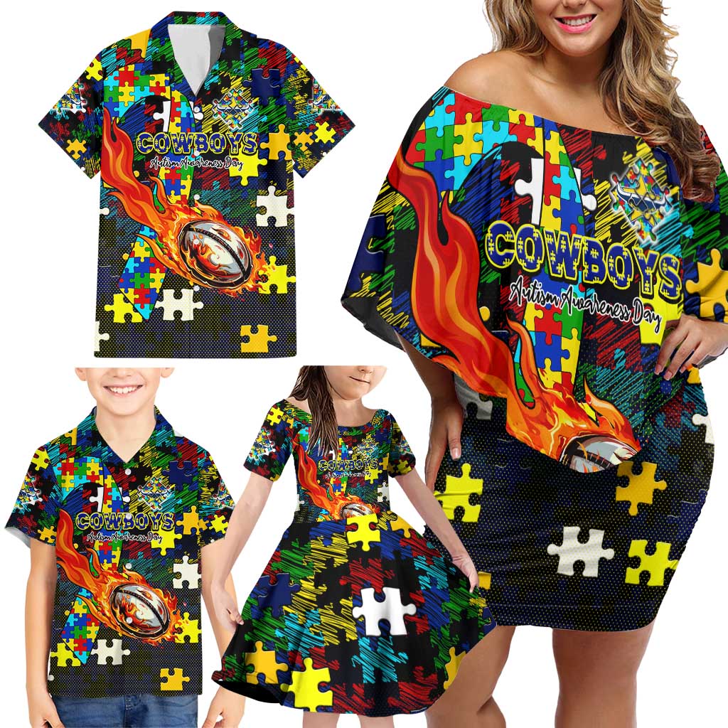 Cowboys Autism Awareness Family Matching Off Shoulder Short Dress and Hawaiian Shirt Puzzle Flames Rugby Ball