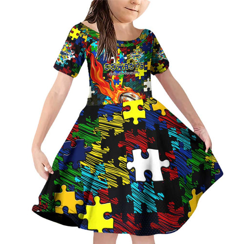 Cowboys Autism Awareness Family Matching Off Shoulder Short Dress and Hawaiian Shirt Puzzle Flames Rugby Ball