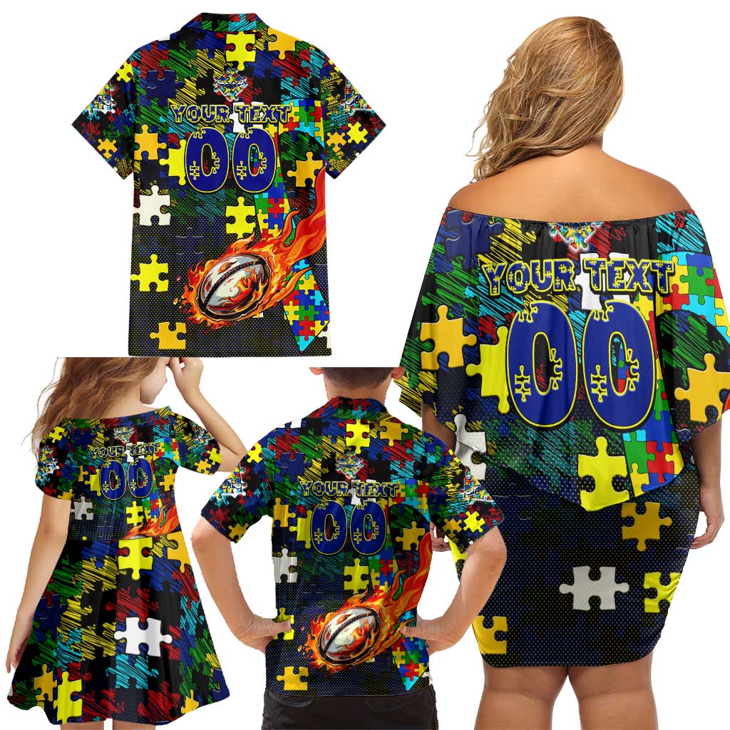Cowboys Autism Awareness Family Matching Off Shoulder Short Dress and Hawaiian Shirt Puzzle Flames Rugby Ball
