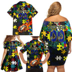Cowboys Autism Awareness Family Matching Off Shoulder Short Dress and Hawaiian Shirt Puzzle Flames Rugby Ball