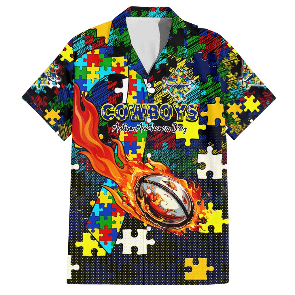 Cowboys Autism Awareness Family Matching Off Shoulder Short Dress and Hawaiian Shirt Puzzle Flames Rugby Ball