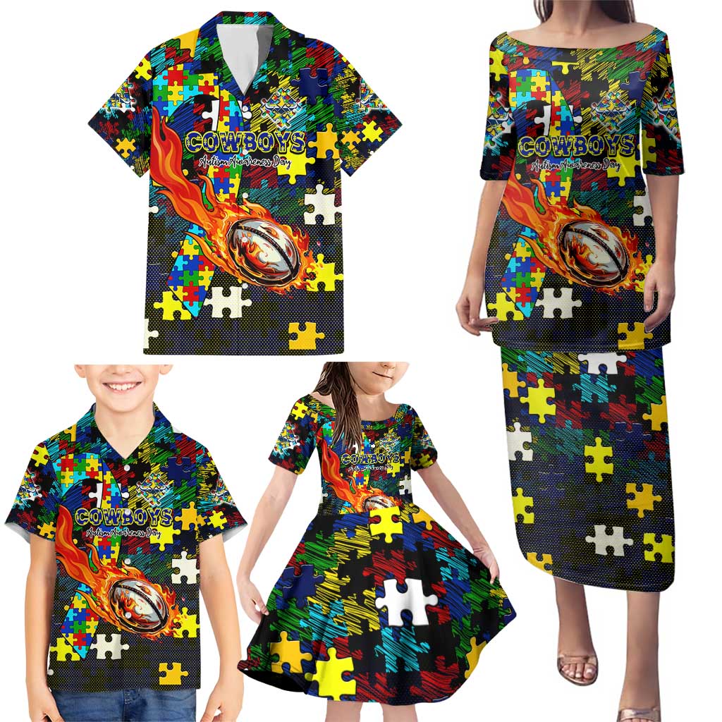 Cowboys Autism Awareness Family Matching Puletasi and Hawaiian Shirt Puzzle Flames Rugby Ball