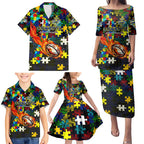 Cowboys Autism Awareness Family Matching Puletasi and Hawaiian Shirt Puzzle Flames Rugby Ball