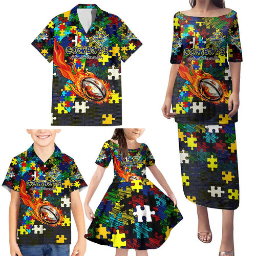 Cowboys Autism Awareness Family Matching Puletasi and Hawaiian Shirt Puzzle Flames Rugby Ball