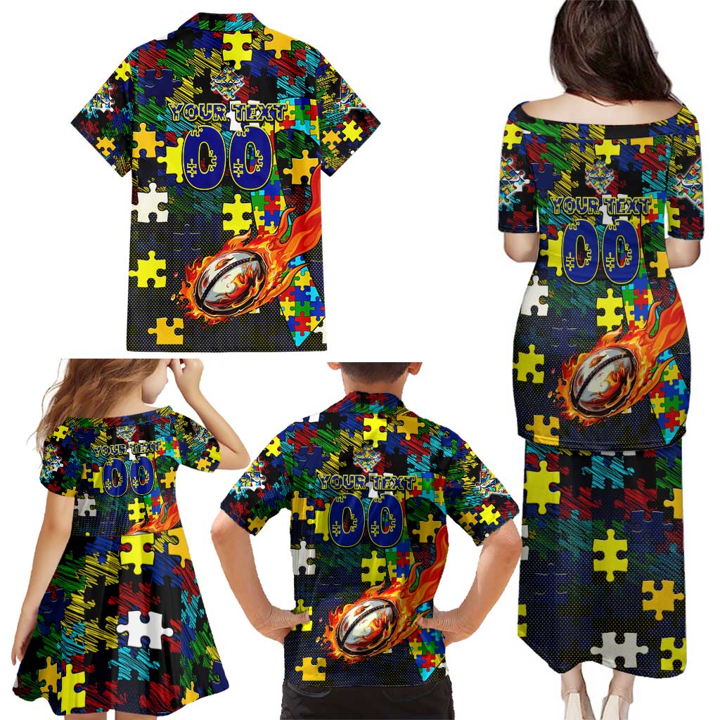 Cowboys Autism Awareness Family Matching Puletasi and Hawaiian Shirt Puzzle Flames Rugby Ball