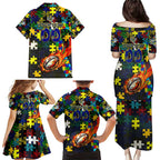 Cowboys Autism Awareness Family Matching Puletasi and Hawaiian Shirt Puzzle Flames Rugby Ball