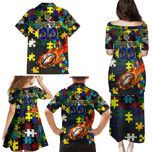 Cowboys Autism Awareness Family Matching Puletasi and Hawaiian Shirt Puzzle Flames Rugby Ball