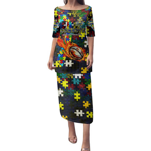 Cowboys Autism Awareness Family Matching Puletasi and Hawaiian Shirt Puzzle Flames Rugby Ball