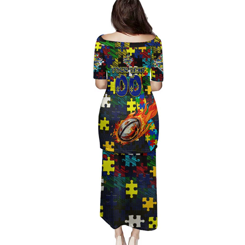 Cowboys Autism Awareness Family Matching Puletasi and Hawaiian Shirt Puzzle Flames Rugby Ball