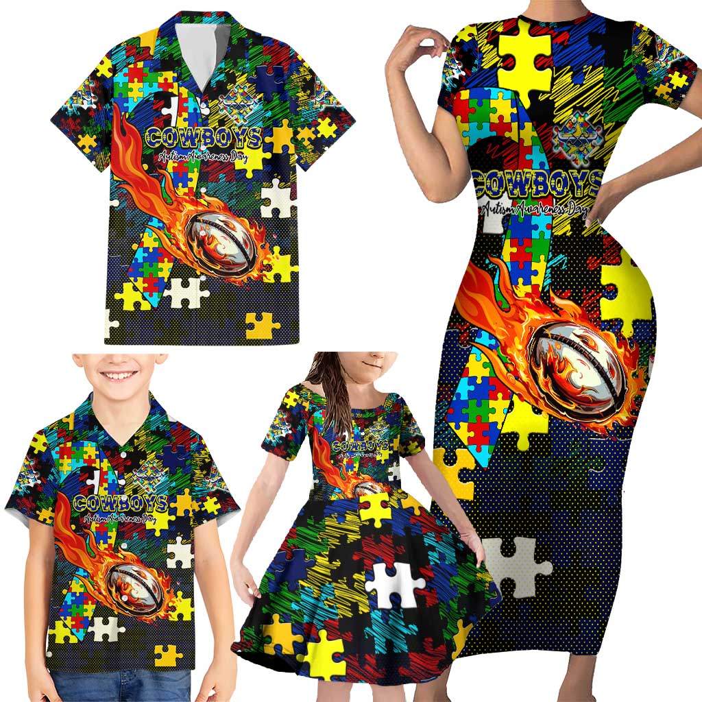 Cowboys Autism Awareness Family Matching Short Sleeve Bodycon Dress and Hawaiian Shirt Puzzle Flames Rugby Ball
