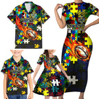 Cowboys Autism Awareness Family Matching Short Sleeve Bodycon Dress and Hawaiian Shirt Puzzle Flames Rugby Ball
