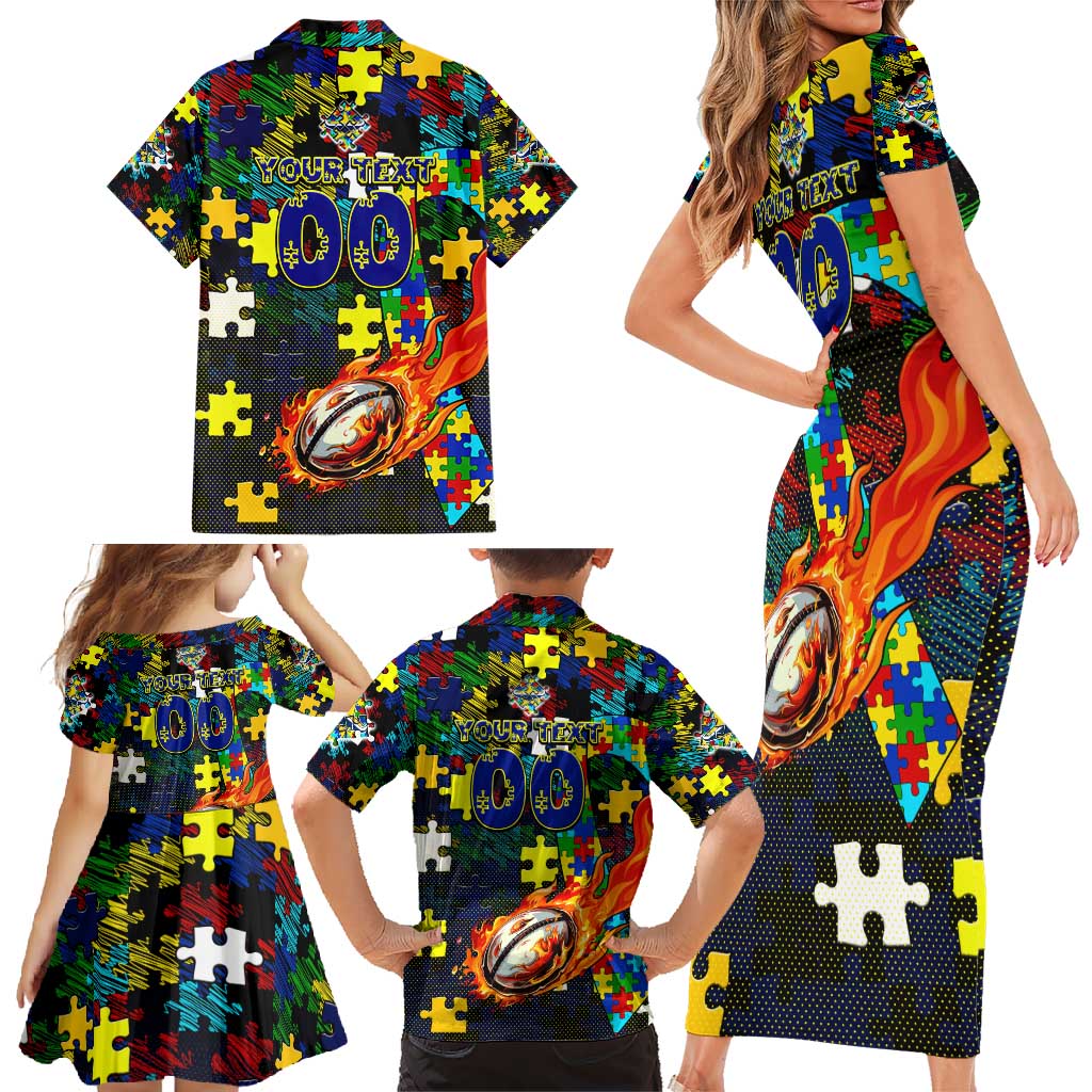 Cowboys Autism Awareness Family Matching Short Sleeve Bodycon Dress and Hawaiian Shirt Puzzle Flames Rugby Ball
