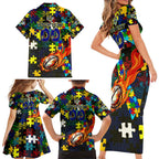 Cowboys Autism Awareness Family Matching Short Sleeve Bodycon Dress and Hawaiian Shirt Puzzle Flames Rugby Ball