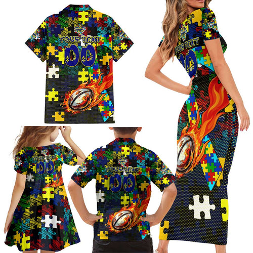 Cowboys Autism Awareness Family Matching Short Sleeve Bodycon Dress and Hawaiian Shirt Puzzle Flames Rugby Ball