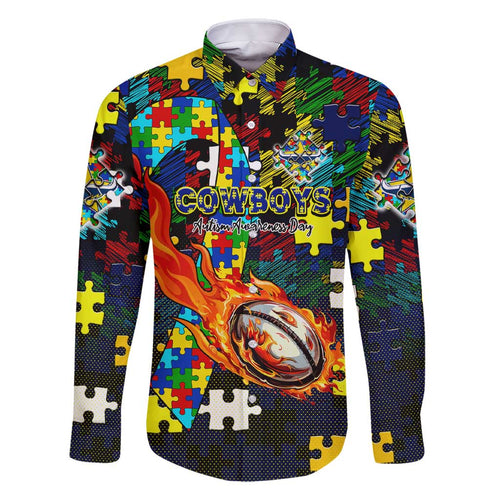 Cowboys Autism Awareness Family Matching Short Sleeve Bodycon Dress and Hawaiian Shirt Puzzle Flames Rugby Ball