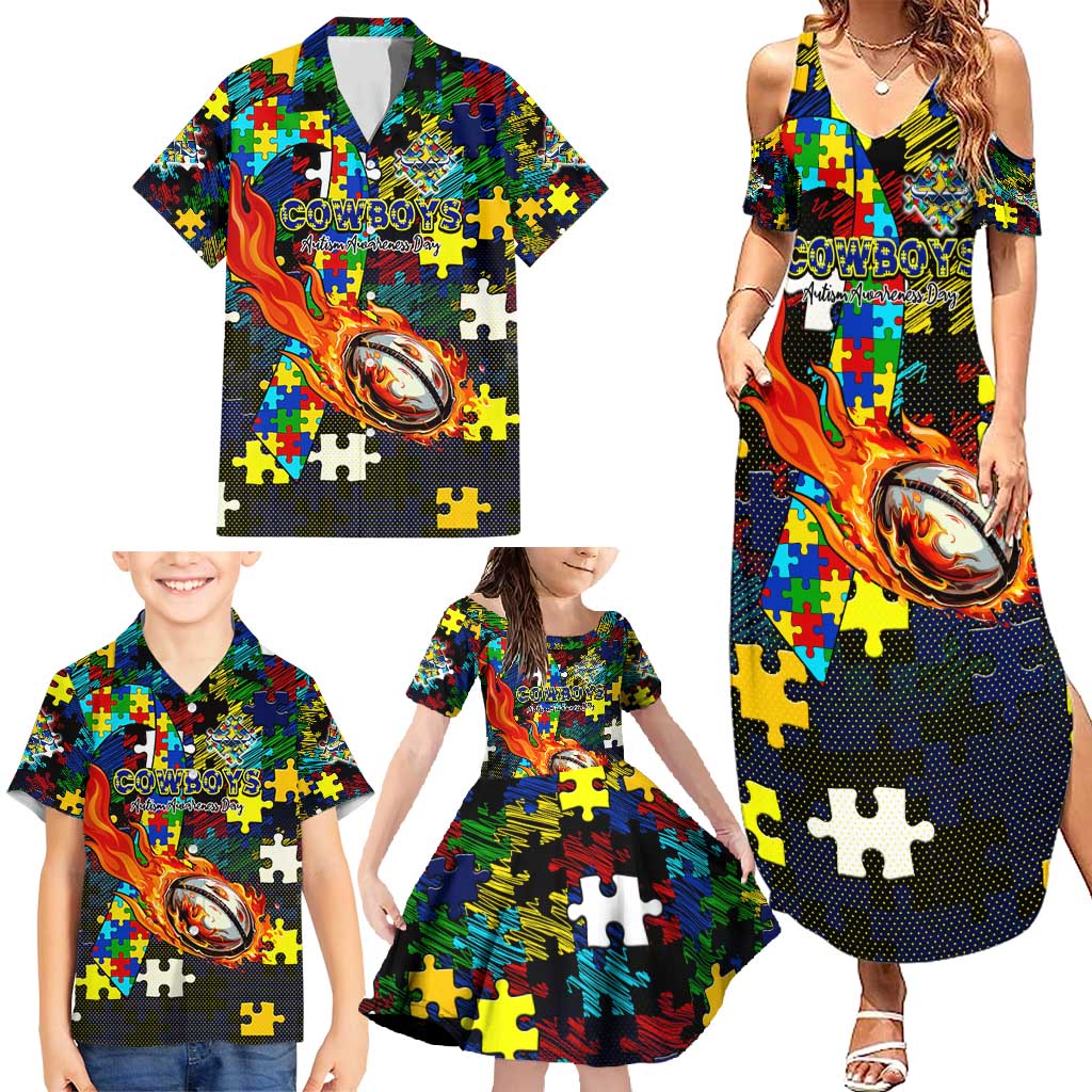 Cowboys Autism Awareness Family Matching Summer Maxi Dress and Hawaiian Shirt Puzzle Flames Rugby Ball