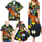 Cowboys Autism Awareness Family Matching Summer Maxi Dress and Hawaiian Shirt Puzzle Flames Rugby Ball