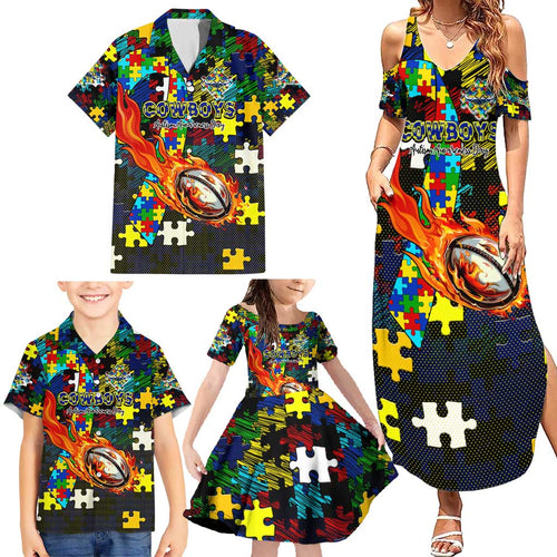 Cowboys Autism Awareness Family Matching Summer Maxi Dress and Hawaiian Shirt Puzzle Flames Rugby Ball