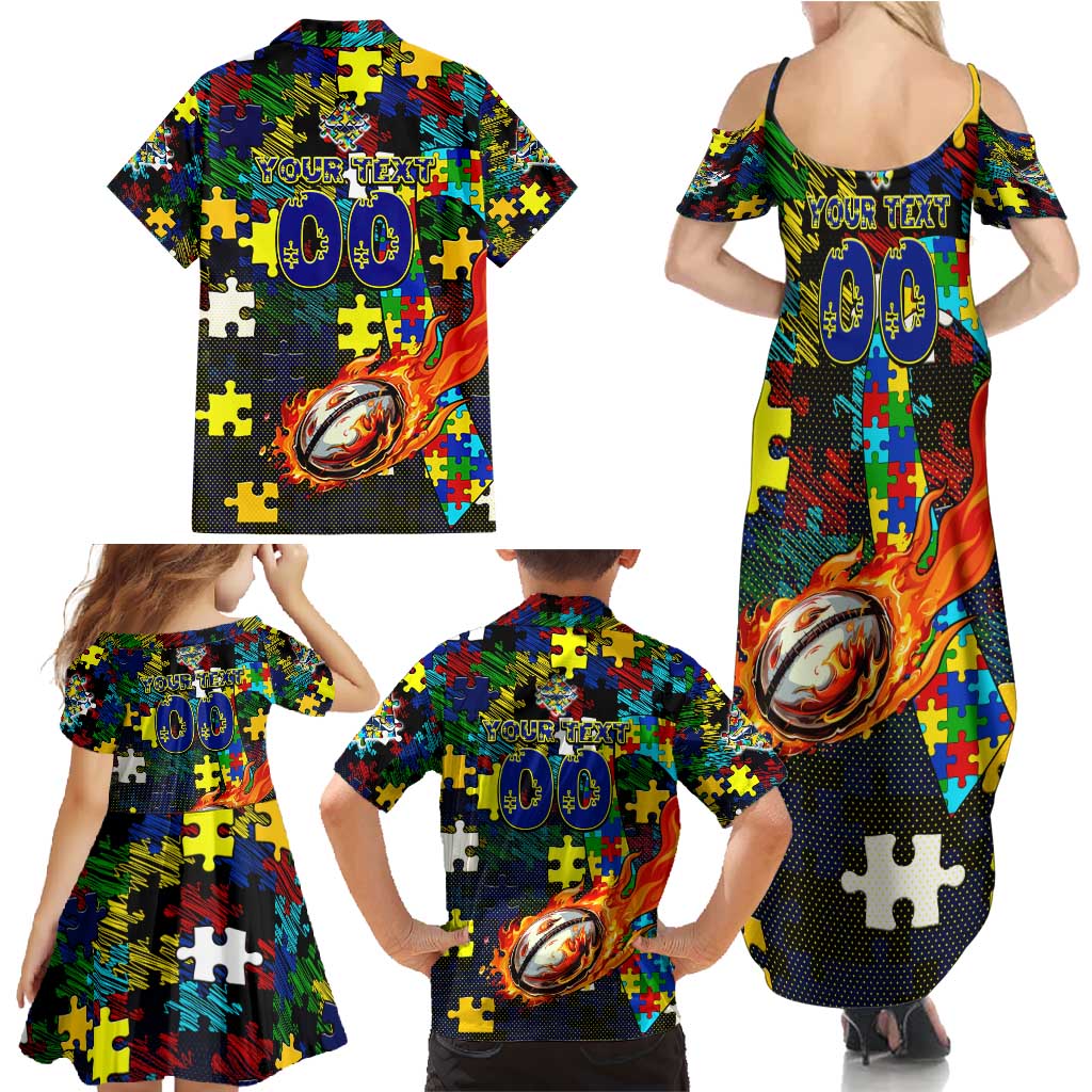 Cowboys Autism Awareness Family Matching Summer Maxi Dress and Hawaiian Shirt Puzzle Flames Rugby Ball