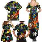 Cowboys Autism Awareness Family Matching Summer Maxi Dress and Hawaiian Shirt Puzzle Flames Rugby Ball