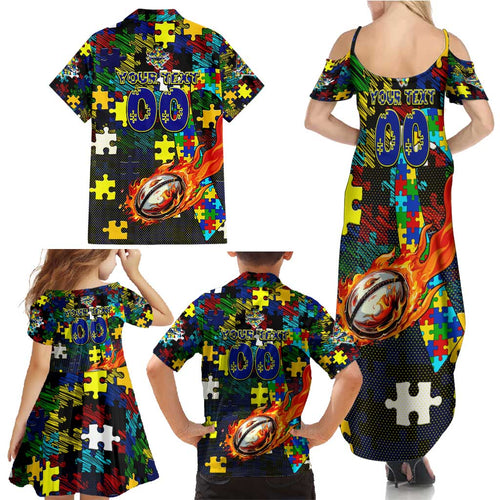 Cowboys Autism Awareness Family Matching Summer Maxi Dress and Hawaiian Shirt Puzzle Flames Rugby Ball