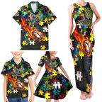 Cowboys Autism Awareness Family Matching Tank Maxi Dress and Hawaiian Shirt Puzzle Flames Rugby Ball