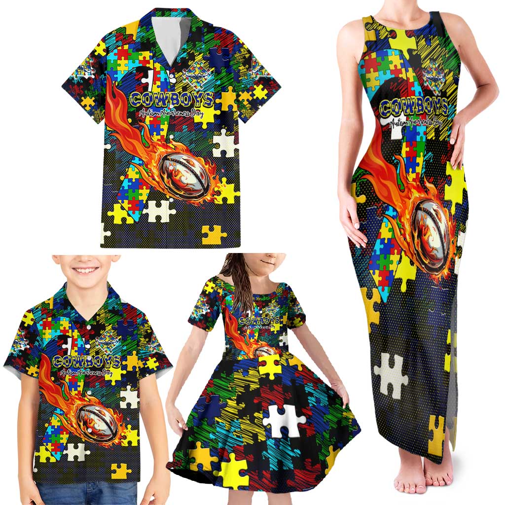 Cowboys Autism Awareness Family Matching Tank Maxi Dress and Hawaiian Shirt Puzzle Flames Rugby Ball