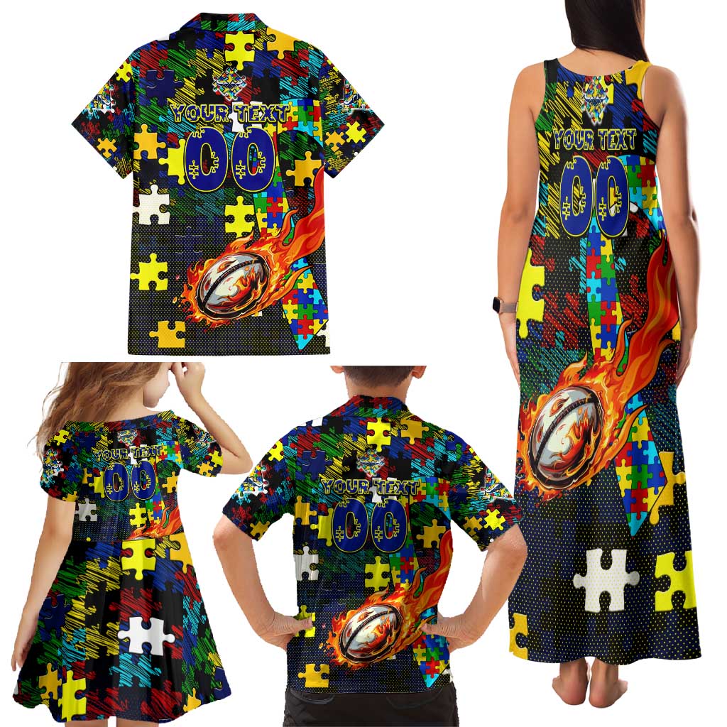Cowboys Autism Awareness Family Matching Tank Maxi Dress and Hawaiian Shirt Puzzle Flames Rugby Ball