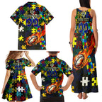 Cowboys Autism Awareness Family Matching Tank Maxi Dress and Hawaiian Shirt Puzzle Flames Rugby Ball