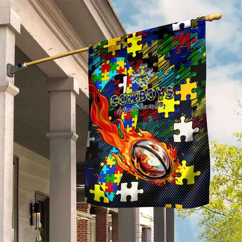Cowboys Autism Awareness Garden Flag Puzzle Flames Rugby Ball