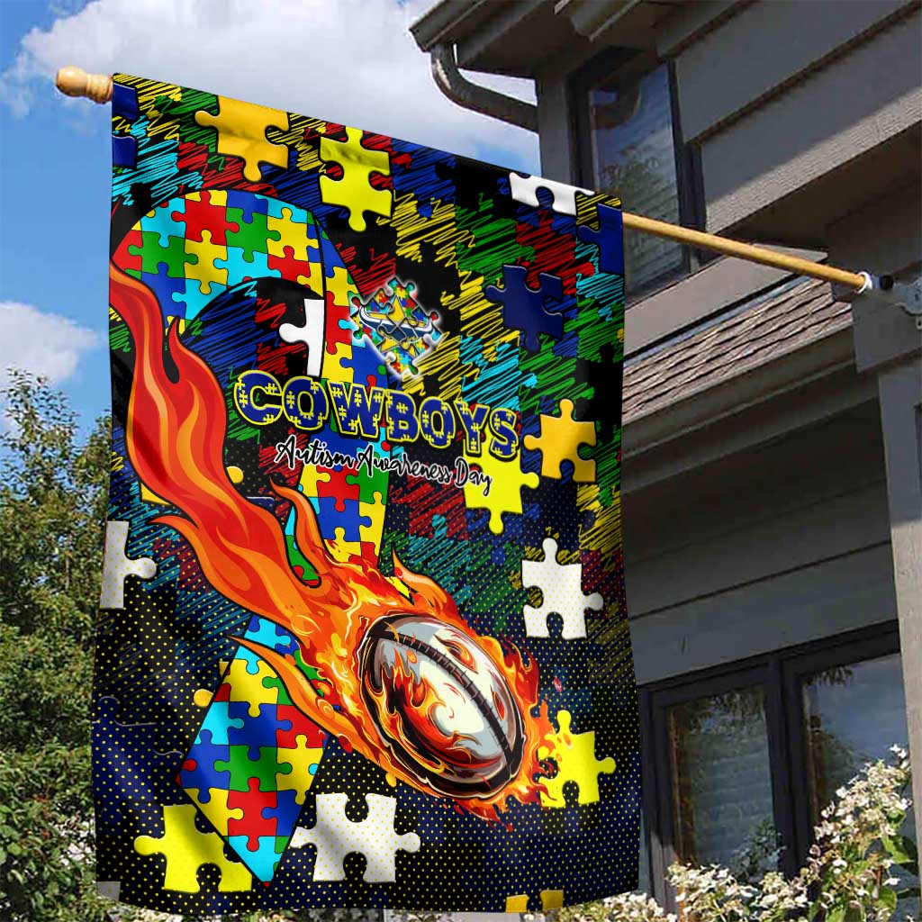 Cowboys Autism Awareness Garden Flag Puzzle Flames Rugby Ball