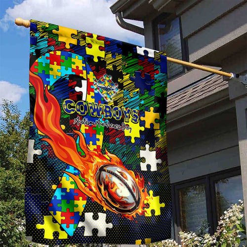 Cowboys Autism Awareness Garden Flag Puzzle Flames Rugby Ball